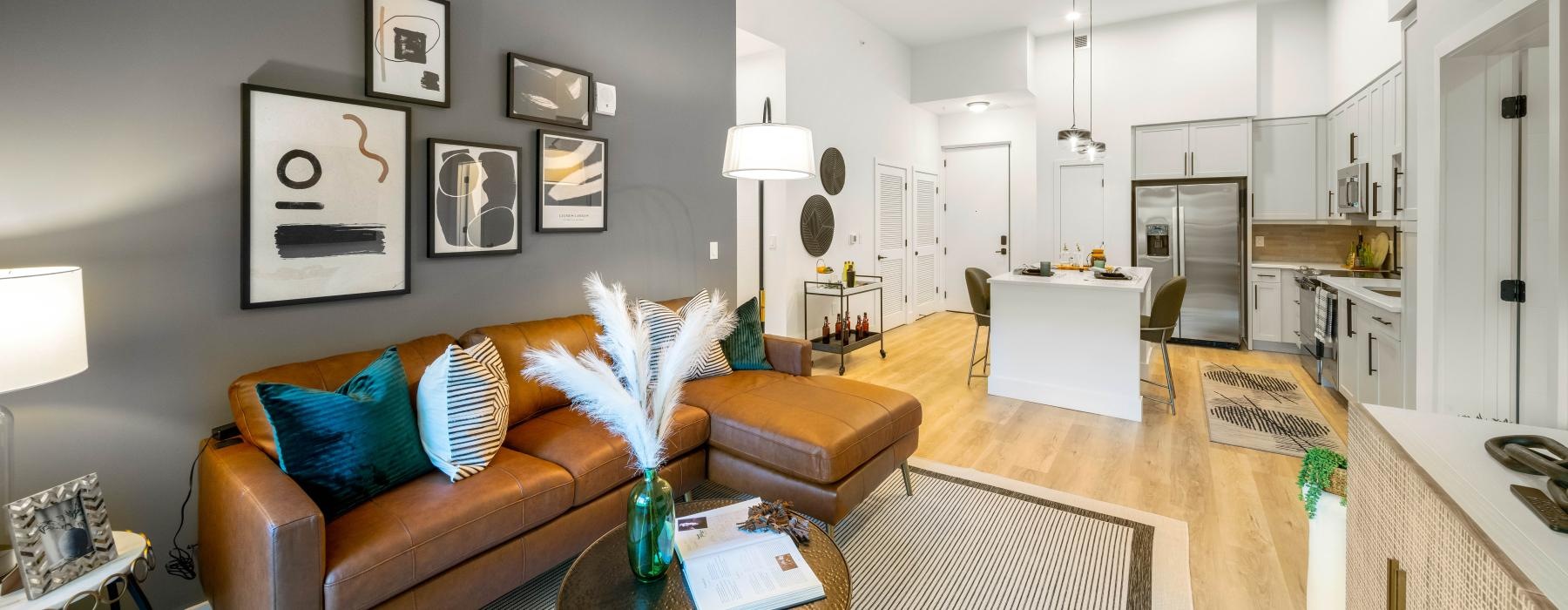 a living room with a couch and coffee table