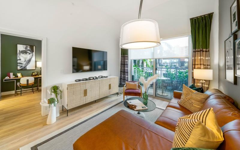 a living room with a large window
